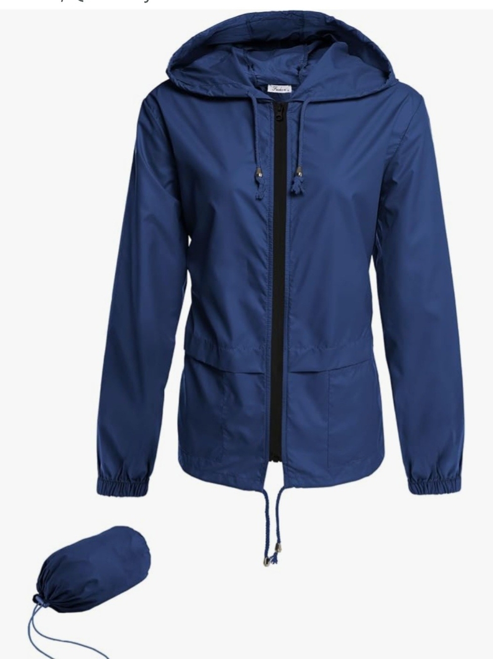 Packable Blue Hooded Rain Jacket with Drawstring Hem